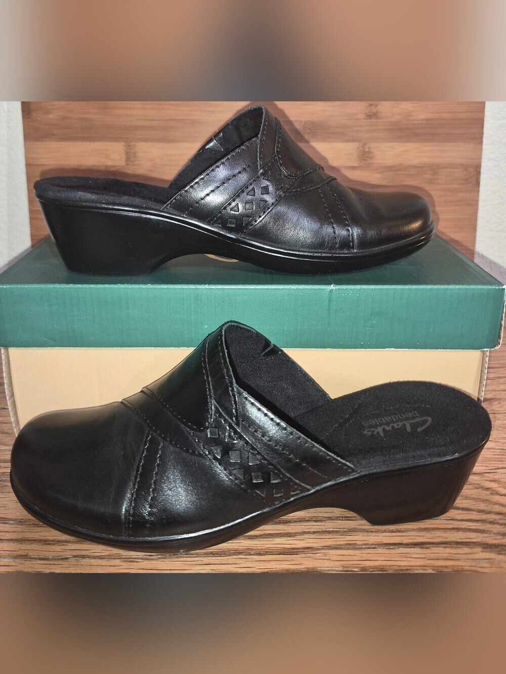 New! Clarks Black Leather Slip-On Mules Women's Size 6.5